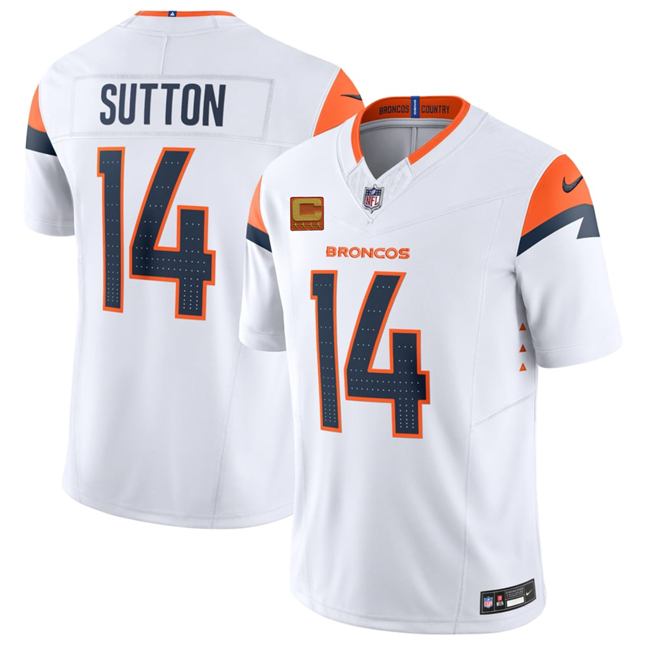 Men's White Denver Broncos #14 Courtland Sutton With 4-Star C Patch Draft F.U.S.E. Alternate Vapor Limited Stitched Football Jersey